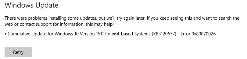 Windows Update エラー 0x80070026 を修正