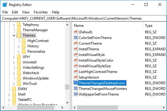 ダブルクリック ThemeChangesDesktopIcons DWORD