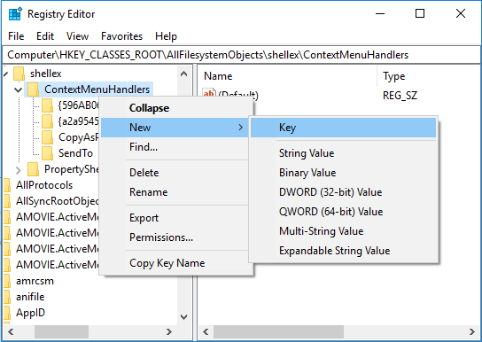 ContextMenuHandlers を右クリックし、[新規]、[キー]の順に選択します