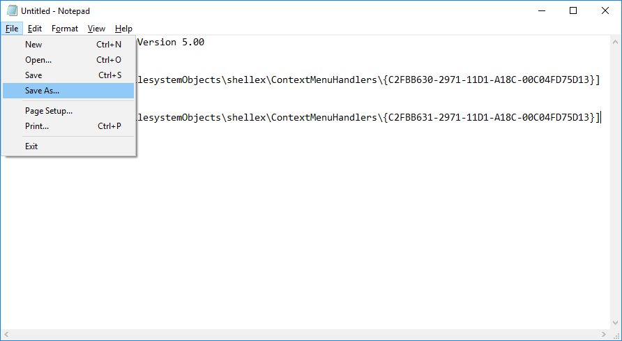 [ファイル]をクリックし、[名前を付けて保存]を選択して、このファイルに Add_CopyTo.reg ファイルという名前を付けます。