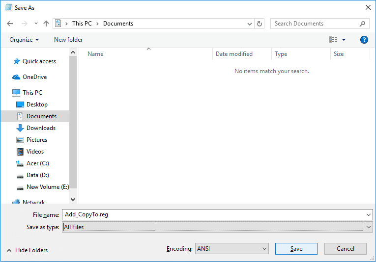 このファイルに Add_CopyTo.reg という名前を付けます (.reg 拡張子は非常に重要です)。