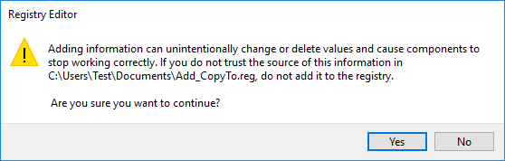 Add_CopyTo.reg とレジストリのマージを続行するには、[はい]をクリックします。