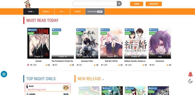 マンガフクロウのウェブサイトのスクリーンショット