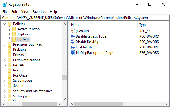 この新しく作成された DWORD に NoDispBackgroundPage という名前を付けて、Enter キーを押します。