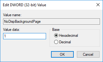 NoDispBackgroundPage DWORD をダブルクリックし、その値を