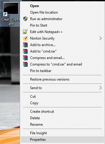 Clear_ClipBoard ショートカットを右クリックし、[プロパティ]|[プロパティ]を選択します。  Windows 10 でクリップボードをクリアするショートカットを作成する方法