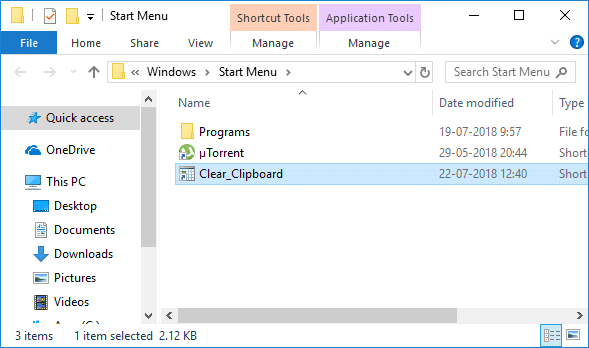 Clear_Clipboard ショートカットをコピーして[スタート]メニューの場所に貼り付けます