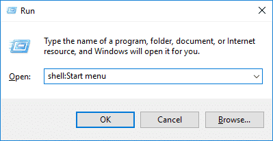 [ファイル名を指定して実行]ダイアログ ボックスで、「shell: Start Menu」と入力し、Enter キーを押します。