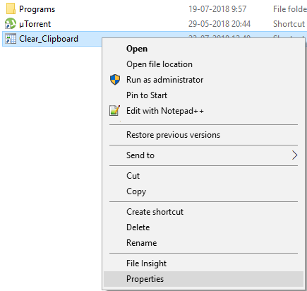 Clear_Clipboard ショートカットを右クリックし、[プロパティ]を選択します。
