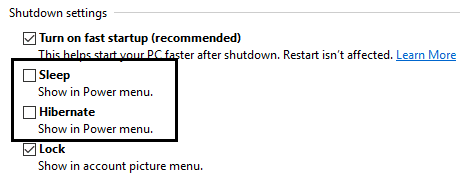 スリープのチェックを外して休止状態にする