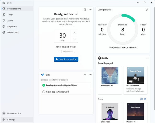 Windows 11 の時計アプリでセッションにフォーカスする
