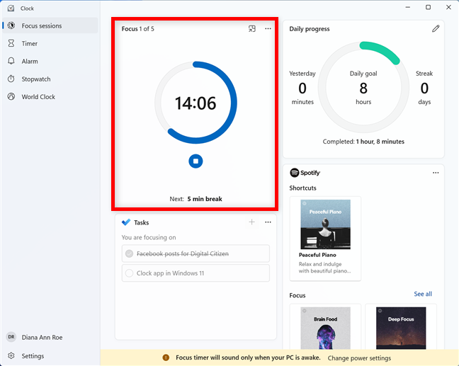 フォーカス セッション タイマーは、仕事のスケジュールを整理するのに役立ちます