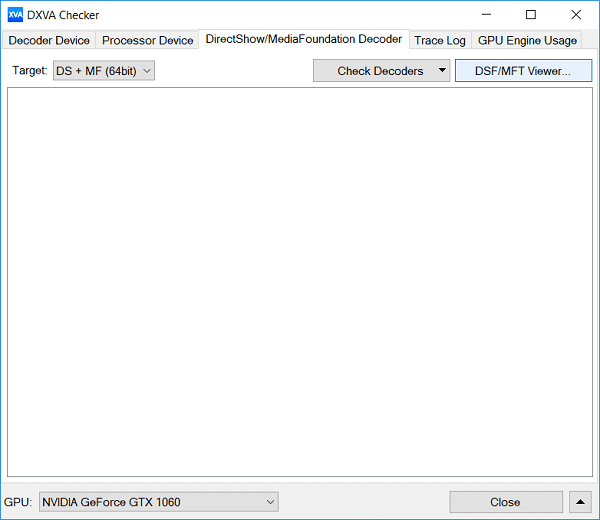 DirectShow MediaFoundation Decoder タブに切り替え、DSF MFT Viewer をクリックします。