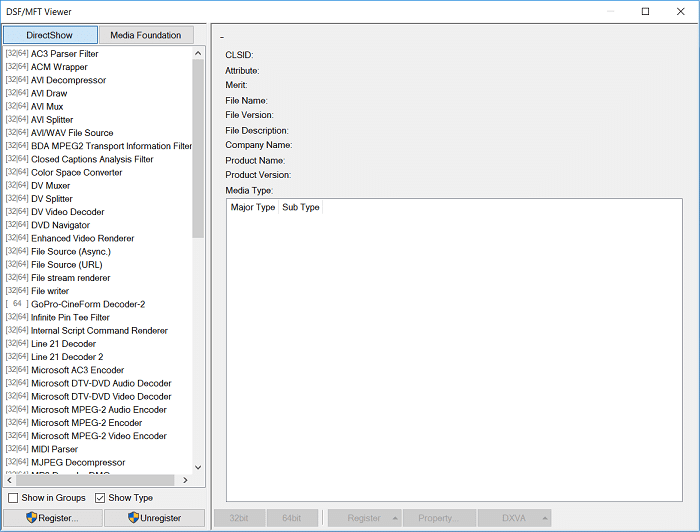 2 つのタブがあり、1 つは DirectShow で、もう 1 つはメディア ファンデーションです。