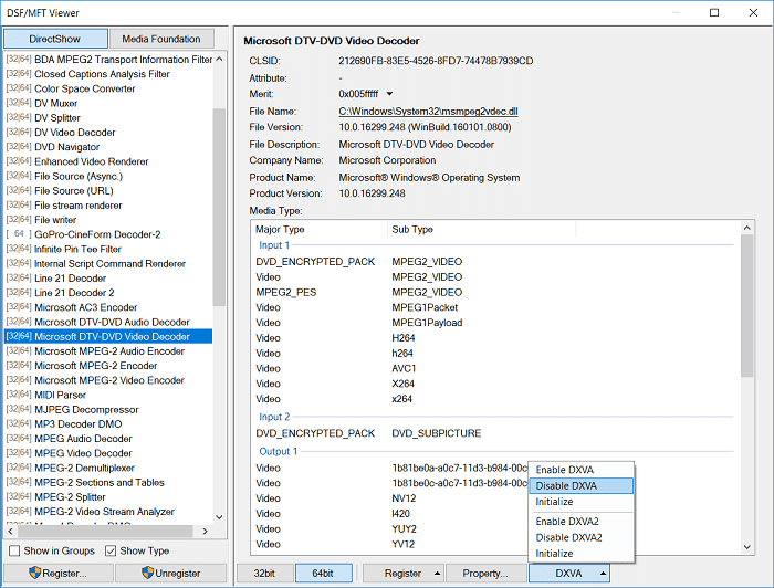 これらのエントリを 1 つずつ選択し、[DXVA]をクリックして、[DXVA2 を無効にする]または[無効にする]を選択します。