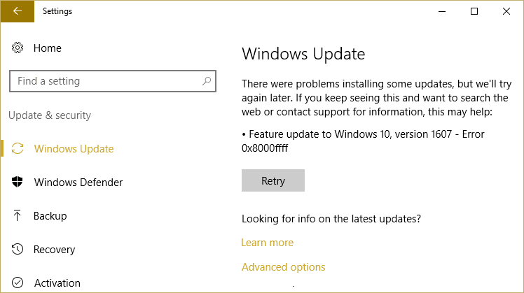 Windows 10 更新エラー 0x8000ffff を修正