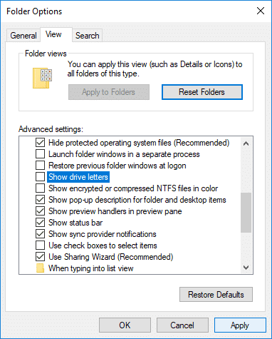 [表示]タブに切り替えて、[ドライブ文字を表示]のチェックを外します