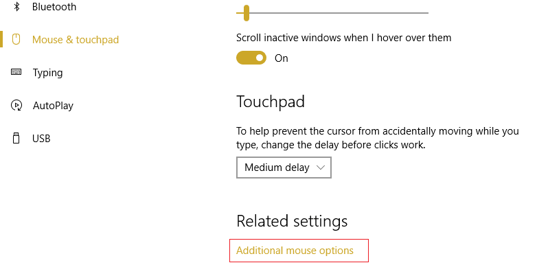 [マウスとタッチパッド]を選択し、[追加のマウス オプション]をクリックします。