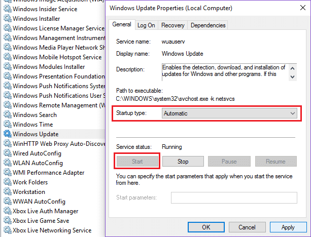 Windows Updateを右クリックして自動に設定し、[開始]をクリックします