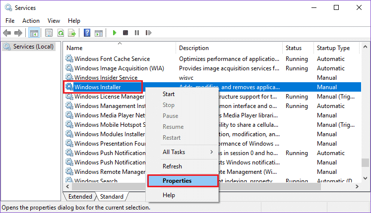 Windows インストーラーを右クリックし、[プロパティ]を選択します。