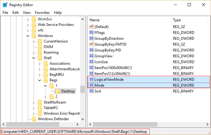 デスクトップの HKEY CURRENT USER レジストリ キーで、LogicalViewMode と Mode を探します。