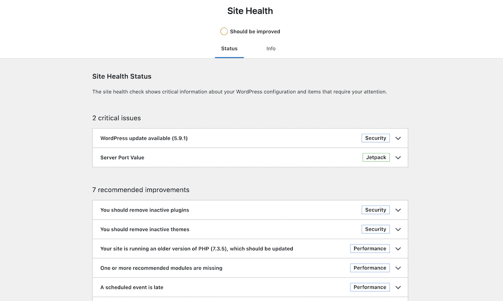 Pantalla de salud del sitio de WordPress.