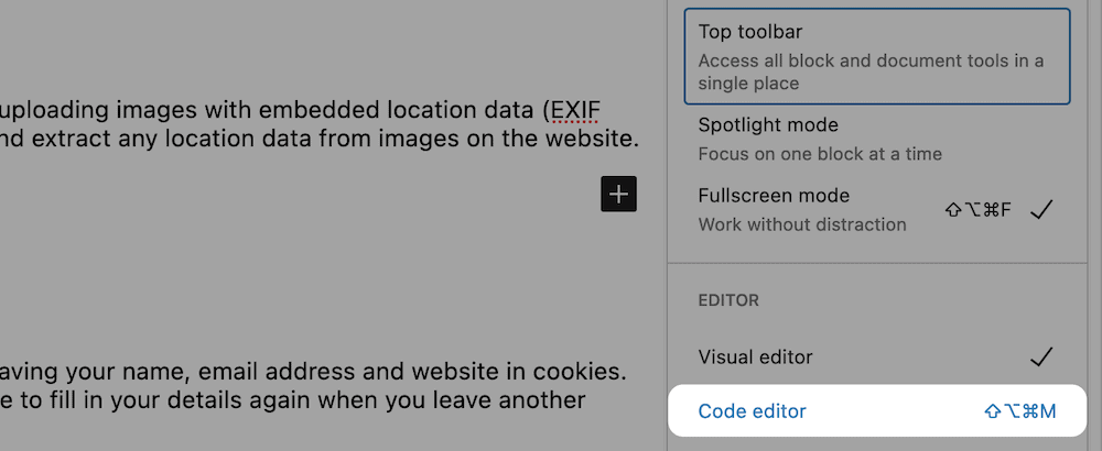 Opción de editor de código en WordPress.