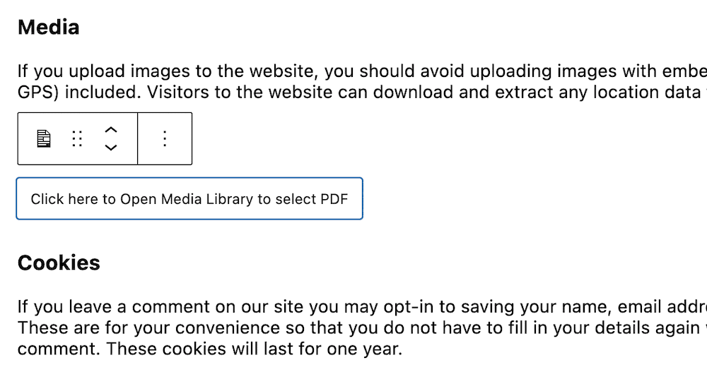 Bloque de PDF Embedder que muestra la opción para abrir la biblioteca multimedia.