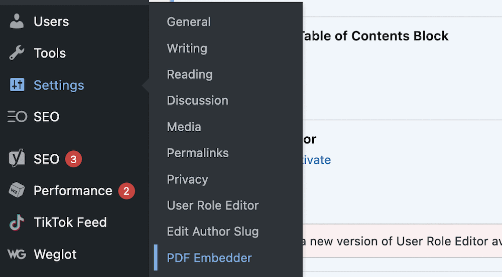 Enlace de configuración de PDF Embedder en WordPress.