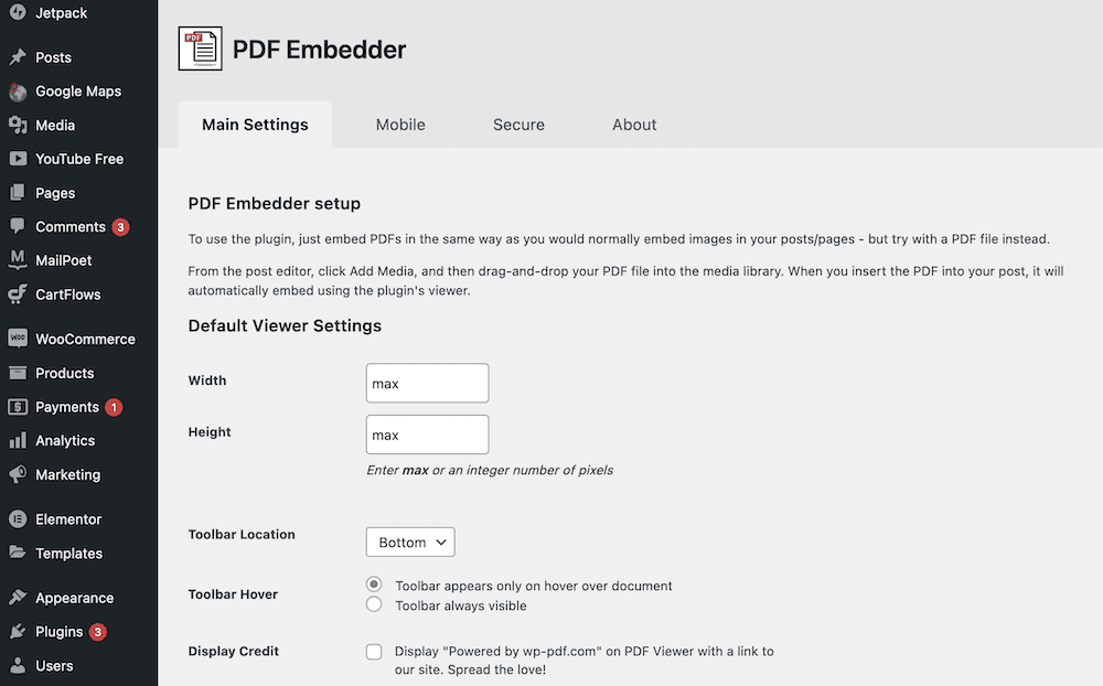 Página de configuración de PDF Embeder.