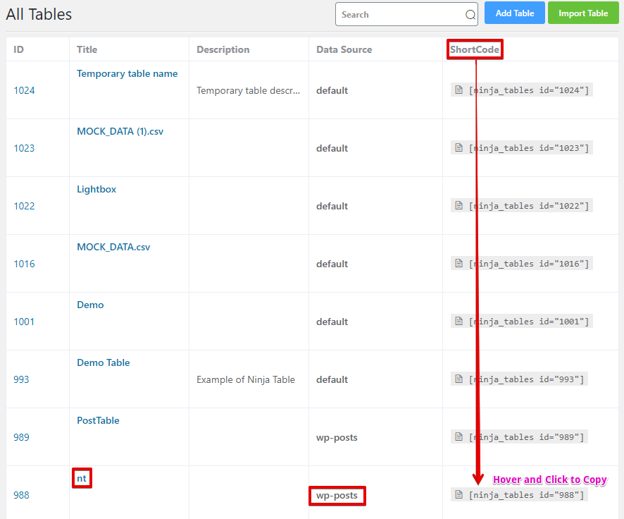 Tablas de datos en línea para el sitio web