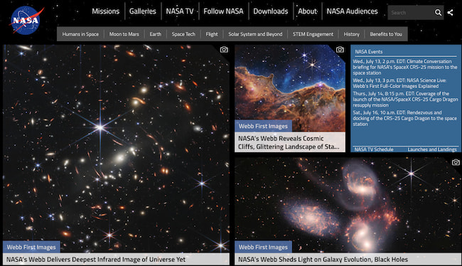 Foto de la interfaz de usuario del sitio web de la NASA
