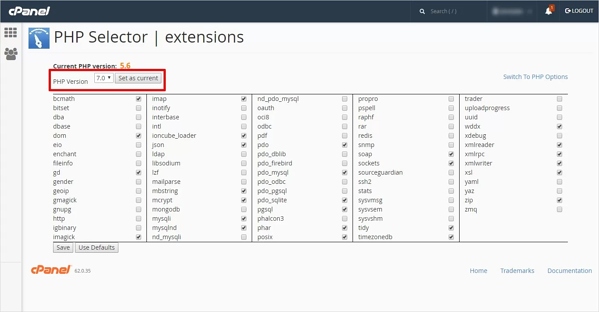 actualización de php en wordpress usando el selector de versión de php en el panel de control de cpanel