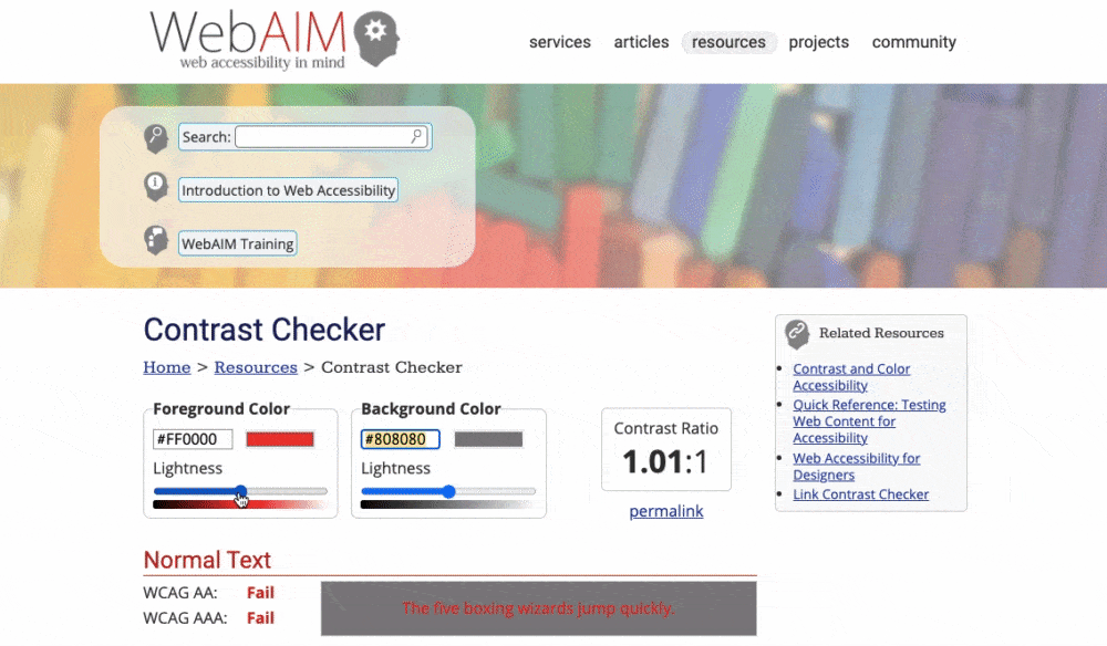 Mueva los controles deslizantes para cambiar el texto y los colores de fondo con el verificador de contraste hasta que pasen las pautas de WCAG