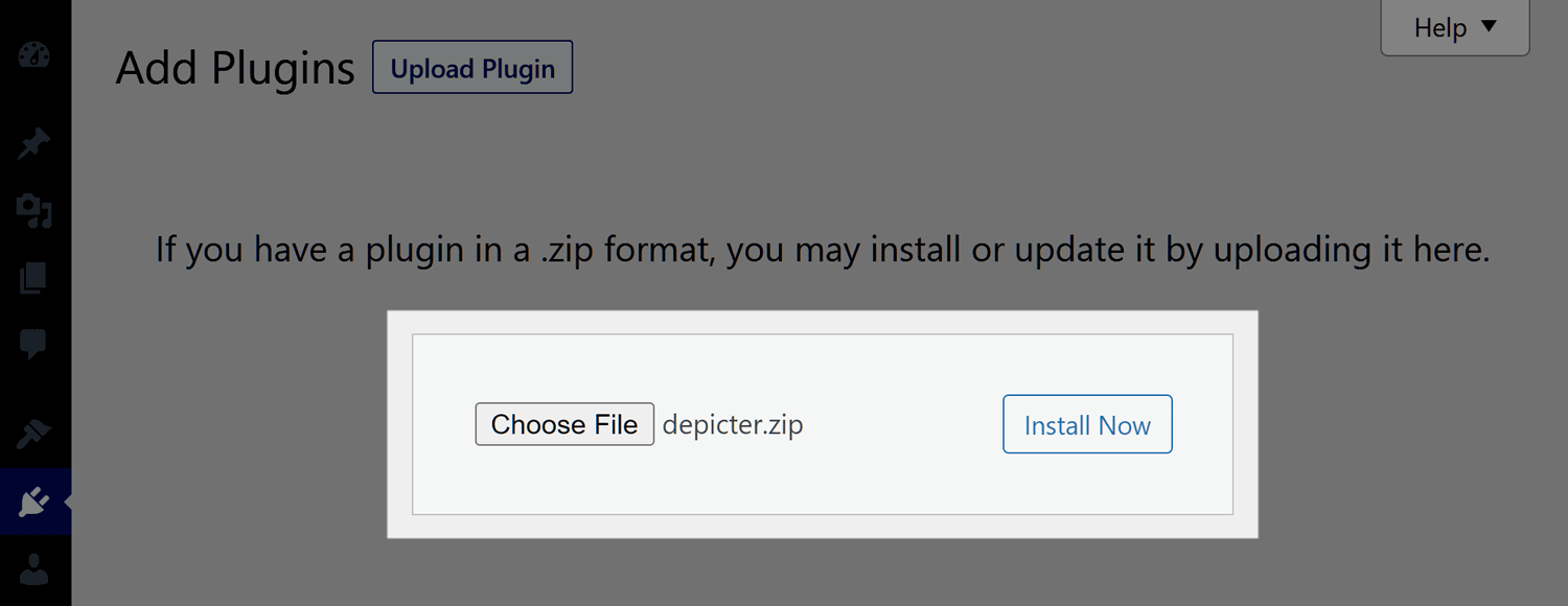 Tablero de WordPress con el botón Seleccionar archivo para cargar el complemento Depicter