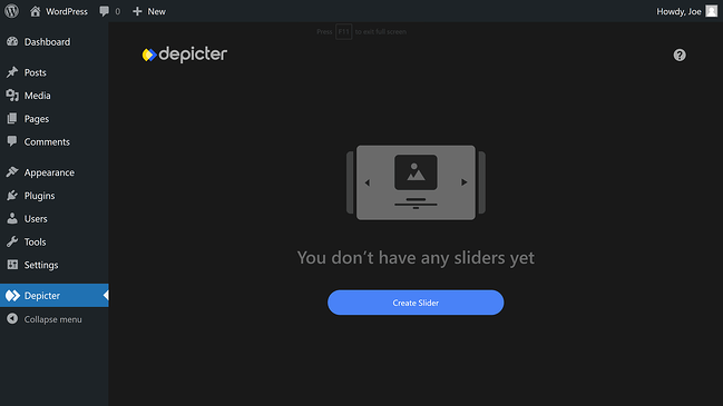 Depicter Dashboard con CTA para la creación de controles deslizantes