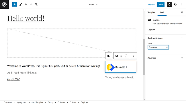 Editor del sitio de Depicter en Gutenberg
