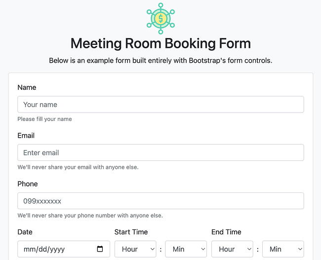 ejemplo de plantilla de formulario de arranque: formulario de reserva de reunión