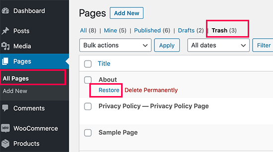 Cómo recuperar y restaurar páginas eliminadas en WordPress