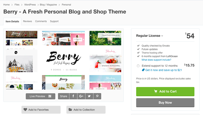 Página del producto en Envato Market para WordPress Berry Theme con Comprar ahora