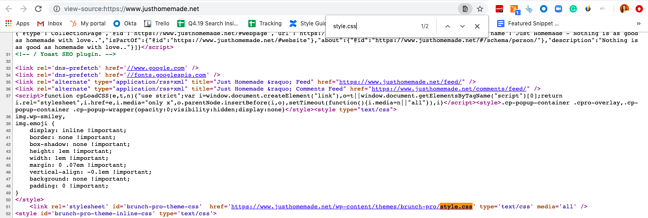 Buscar un usuario "estilo.css" en una línea de código en el código fuente del sitio web Just Homemade