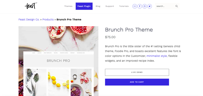 Página de producto para el tema Brunch Pro disponible en Feast Design Co