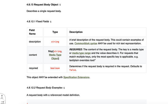 Sección de objeción del cuerpo de la solicitud en la especificación de OpenAPI