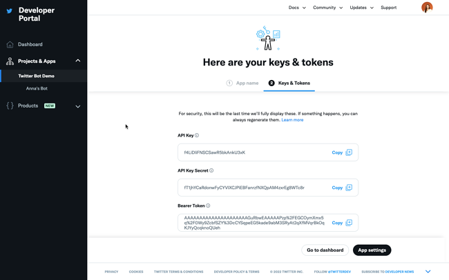 Claves de autenticación y token de oso para el bot de twitter 