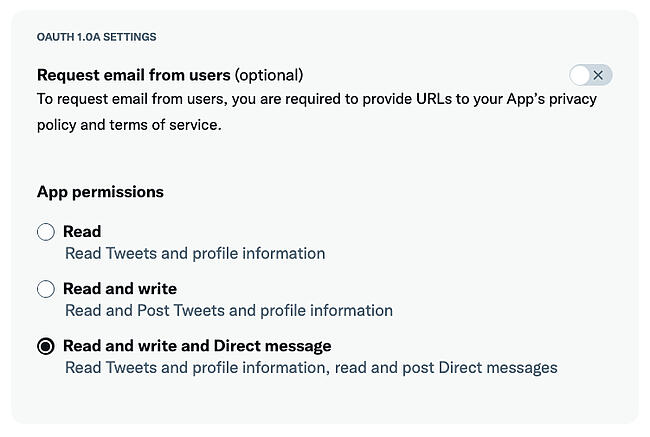 Edición de permisos de aplicaciones para Twitter Bot en el panel de aplicaciones