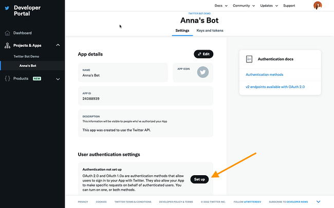 cómo hacer un bot de twitter paso 3: Configure los ajustes de autenticación de usuario en los ajustes de la aplicación de Twitter
