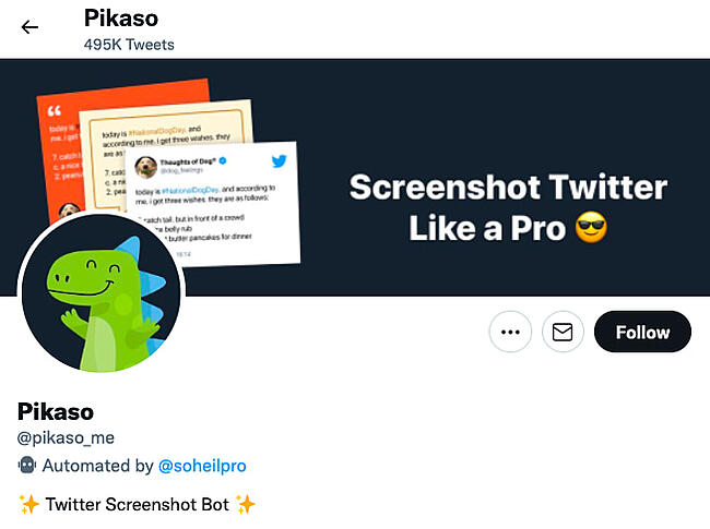Pikaso bot en Twitter marcado como bot de captura de pantalla de Twitter