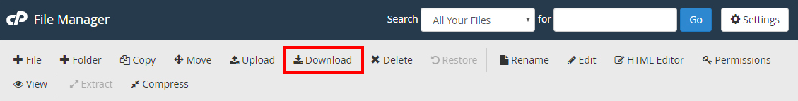 El botón Descargar en el Administrador de archivos de cPanel está resaltado en rojo