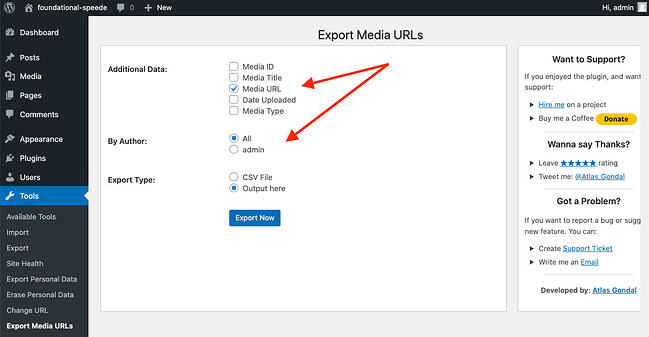 URL de medios y archivos de todos los autores seleccionados en la página de configuración del complemento Exportar URL de medios