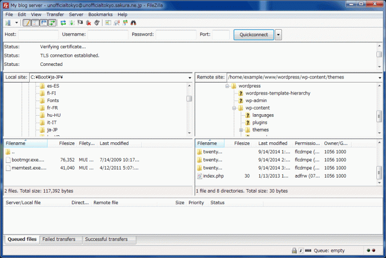 Se ha abierto una ventana de Filezilla para iniciar el proceso de exportación de la biblioteca de medios de WordPress